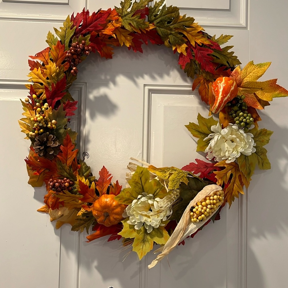 Thanksgiving Fall Wreath with Orange, Green, & Yellow Leaves & White Flowers